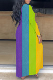 Multicolor Casual Rainbow Print Basic V Neck Long Sleeve Loose Maxi Dress