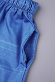 Сине-белый повседневный принт в стиле пэчворк с завязками и карманами с пряжкой и отложным воротником с длинным рукавом из двух частей