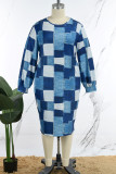 Blaues, lässiges, bedrucktes Kleid mit O-Ausschnitt und Farbblock-Patchwork in Übergrößen