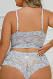 Baby Blue Sexy Solid See-through Backless Spaghetti Strap Plus Size Underwear Set