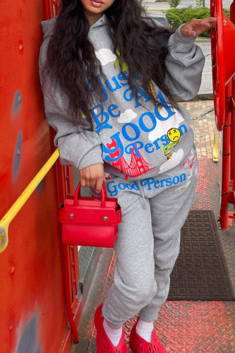 Grey Sportwear Casual Letter Print Hooded Collar Long Sleeve Sweatshirt And Draw String Pants Two Pieces Sweatsuit Sets