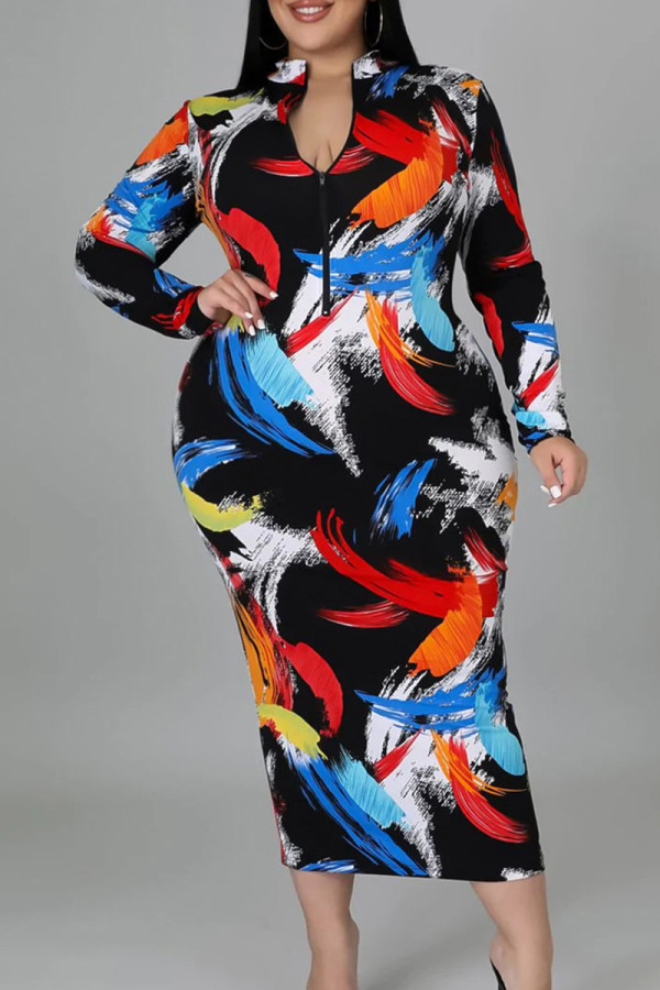 Zwarte casual print patchwork rits O-hals bedrukte jurk plus maten jurken
