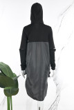 ブラック ストリート ソリッド パッチワーク ドローストリング フード付きカラー ロング ドレス ドレス