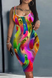 Vestidos vestidos multicoloridos sexy estampados casuais básicos com decote em U