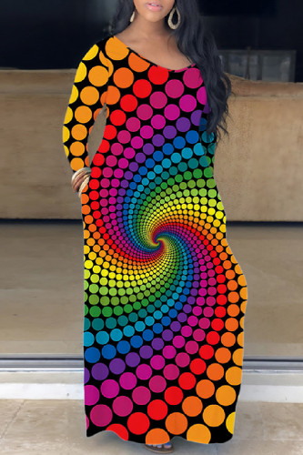 Colour Casual Rainbow Print Basic V Neck Long Sleeve Loose Maxi Dress