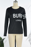 Black Casual Street Print Letter O Neck Tops