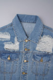 Blue Street Solid Ripped Patchwork Buckle Turndown Collar Long Sleeve Regular Denim Jacket