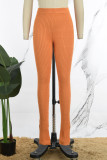 Laranja elegante sólido retalhos fenda regular lápis de cintura alta calças de cor sólida
