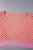 Tops rosa sexy sólido rasgado patchwork com decote em O