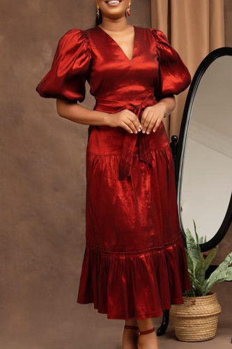 Burgundy Elegant Solid Bandage Patchwork V Neck Long Dress Dresses