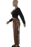 Coffee Casual Color Block Tassel Patchwork Contrast V Neck Long Sleeve Two Pieces
