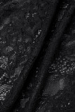 ブラック セクシー ソリッド レース パッチワーク シースルー 高開口部 タートルネック ロング ドレス ドレス
