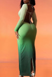Зеленые сексуальные повязки с постепенным изменением, выдолбленные лоскутные длинные платья с U-образным вырезом