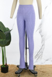 Lila, elegante, solide Patchwork-Schlitzhose mit normaler, hoher Taille und einfarbigem Bleistift