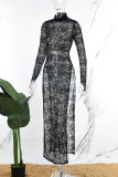 Черные сексуальные однотонные кружевные лоскутные прозрачные длинные платья с высоким вырезом и высоким вырезом