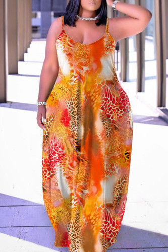 Orange Sexy Casual Print Backless Spaghetti Strap Long Dress Dresses