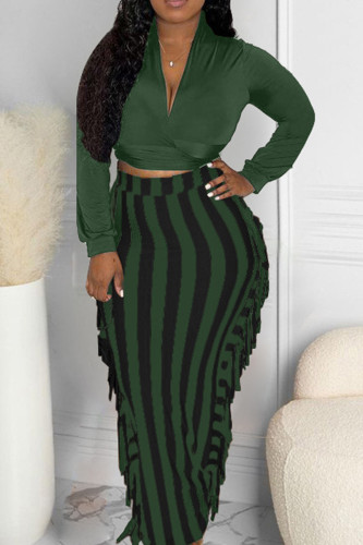 Olive Green Casual Color Block Tassel Patchwork Contrast V Neck Long Sleeve Two Pieces