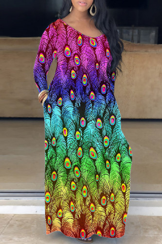 Rose Purple Casual Rainbow Print Basic V Neck Long Sleeve Loose Maxi Dress