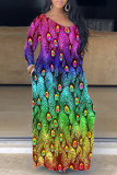 Vestidos multicoloridos casuais estampados básicos manga longa com decote em V