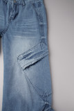Lichtblauwe straat effen patchwork zakknopen rits hoge taille rechte denim jeans