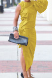 Желтые уличные однотонные ажурные лоскутные длинные платья с высоким вырезом и круглым вырезом