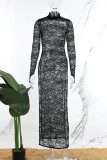 Black Sexy Solid Lace Patchwork See-through High Opening Turtleneck Long Dress Dresses