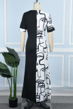 Weiße, schwarze, elegante, bedruckte Patchwork-O-Ausschnitt-Kleider