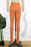 Laranja elegante sólido retalhos fenda regular lápis de cintura alta calças de cor sólida