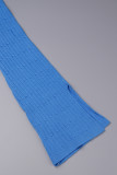 Azul Elegante Sólido Patchwork Fenda Regular Lápis De Cintura Alta Calças De Cor Sólida
