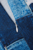 ブルー カジュアル カラー ブロック パッチワーク O ネック プリント ドレス プラス サイズ ドレス