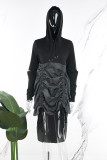 Schwarzes Street Solid Patchwork-Kleid mit Kordelzug und Kapuzenkragen, langes Kleid