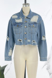 Blue Street Solid Patchwork Buckle Turndown Collar Long Sleeve Regular Ripped Cropped Denim Jacket