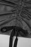 Zwarte straat effen patchwork trekkoord lange jurk met capuchon en kraag
