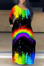 Black Casual Rainbow Print Basic V Neck Long Sleeve Loose Maxi Dress