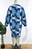 ブルー カジュアル カラー ブロック パッチワーク O ネック プリント ドレス プラス サイズ ドレス