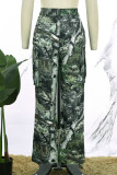 Bottoni tascabili patchwork con stampa verde militare con cerniera Pantaloni larghi a vita bassa con stampa completa a gamba larga