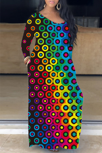 Multicolor Casual Rainbow Print Basic V Neck Long Sleeve Loose Maxi Dress