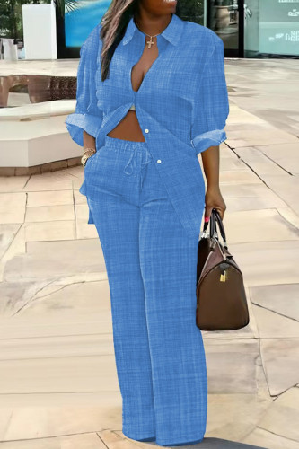 Blue Casual Print Patchwork Draw String Pocket Buckle Turndown Collar Long Sleeve Two Pieces