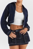 Blue Casual Solid Patchwork Zipper Turndown Collar Long Sleeve Regular Washed Cropped Denim Jacket
