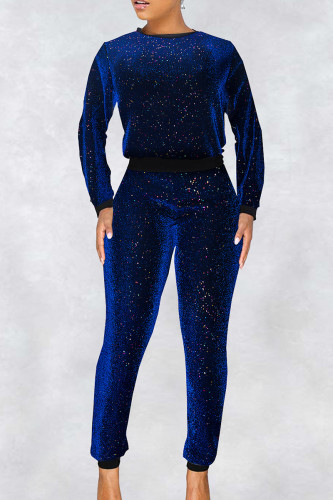 Blue Sexy Sequins Patchwork O Neck Long Sleeve Two Pieces