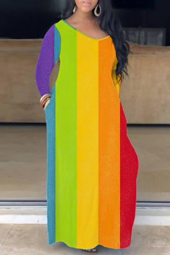Orange Yellow Casual Rainbow Print Basic V Neck Long Sleeve Loose Maxi Dress