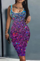 Фиолетовое сексуальное повседневное платье с принтом, базовое платье с U-образным вырезом, платья