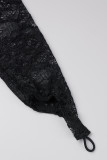 Schwarze, sexy, durchsichtige, lange Rollkragenpullover mit fester Spitze und Patchwork mit hoher Öffnung