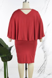 Rote, elegante, solide Patchwork-Kleider ohne Gürtel mit V-Ausschnitt und Bleistiftrock (ohne Gürtel)