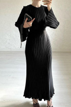 Черные уличные однотонные лоскутные плиссированные длинные платья с круглым вырезом