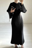 Robe longue plissée à col rond, couleur unie, noire, rue
