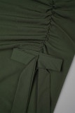 Robe longue à col rond, vert armée, couleur unie, ajourée, Patchwork, ouverture haute, col rond