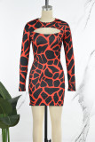 Red Street Print Hollowed Out Patchwork O Neck Printed Dress Dresses