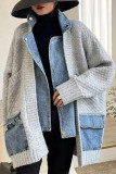 Prendas de abrigo casual bloque de color patchwork bolsillo botones cárdigan cuello gris claro