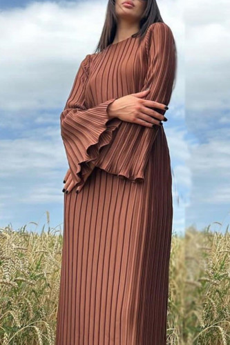 Robe longue plissée à col rond, couleur unie, marron, Street